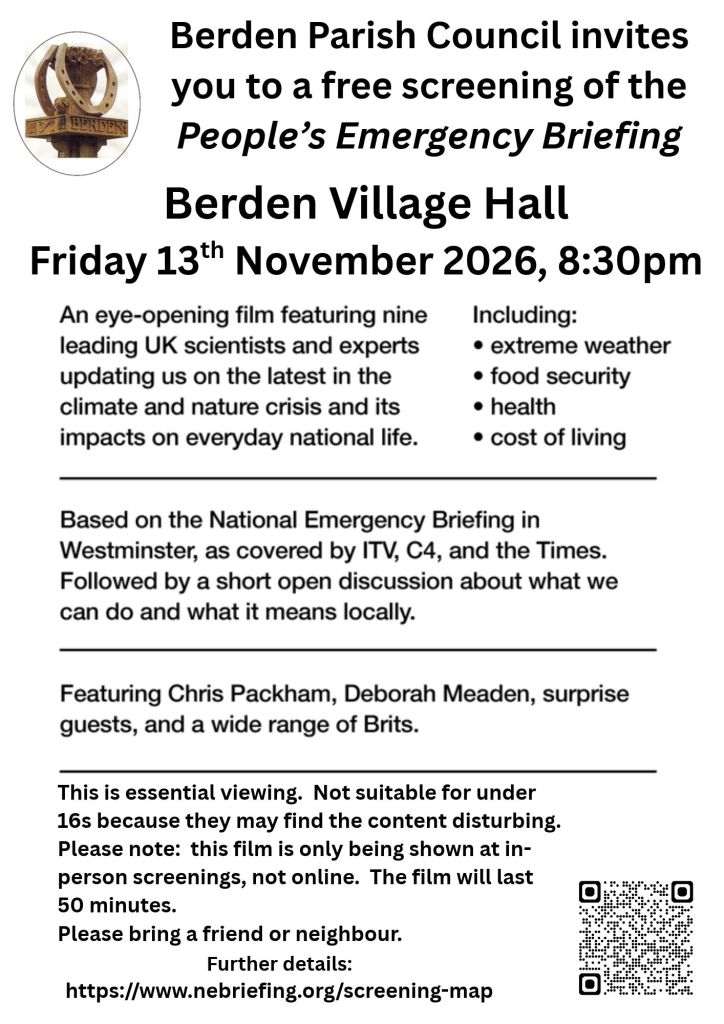 Poster advertising a free screening of the "People's Emergency Briefing" film at Berden Village Hall on Friday, November 13th, 2026, at 8:30 PM. The film features UK scientists and experts discussing the climate and nature crisis, food security, health, and the cost of living. The screening will be followed by an open discussion. It is suitable for ages 16 and over and lasts 50 minutes.